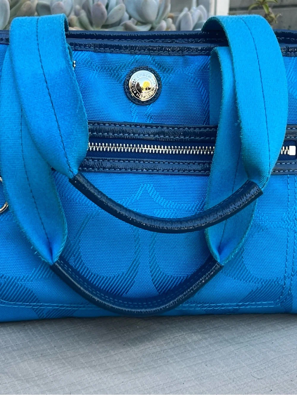 Coach Bright Blue Signature Canvas Tote with Navy Trim